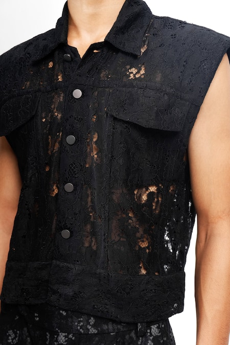 Siddhant Agrawal_Black Cotton, Silk, Velvet, Satin Vein Script Jacket _at_Aza_Fashions