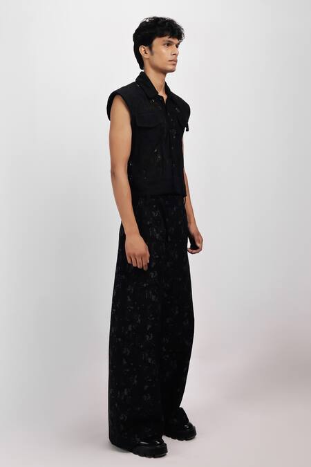 Siddhant Agrawal Black Cotton, Silk Vein Script Trouser Online at Aza Fashions Siddhant Agrawal_Black Cotton, Silk Vein Script Trouser _Online_at_Aza_Fashions