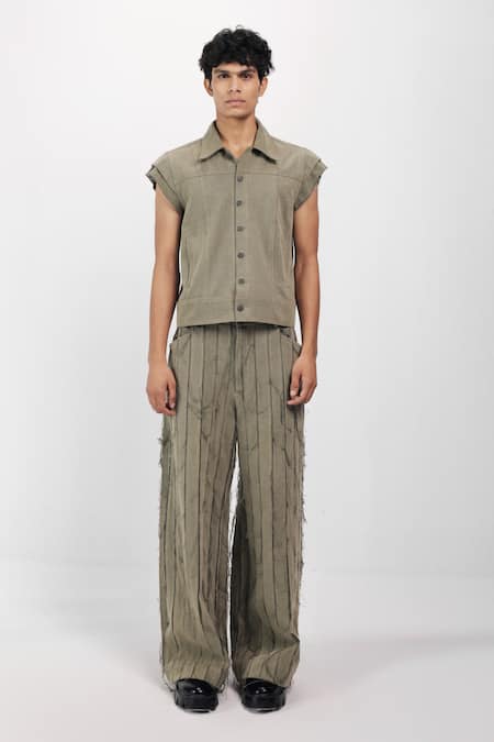 Siddhant Agrawal_Green Denim, Cotton Sage Drift Trouser _Online_at_Aza_Fashions