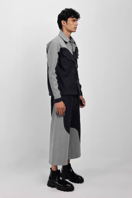 Siddhant Agrawal_Black Cotton, Denim Drifted Echo Cullote Pant _Online_at_Aza_Fashions