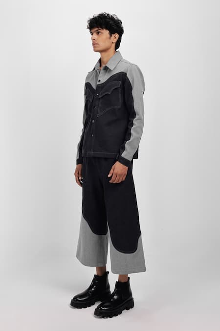 Buy_Siddhant Agrawal_Black Cotton, Denim Drifted Echo Cullote Pant _Online_at_Aza_Fashions