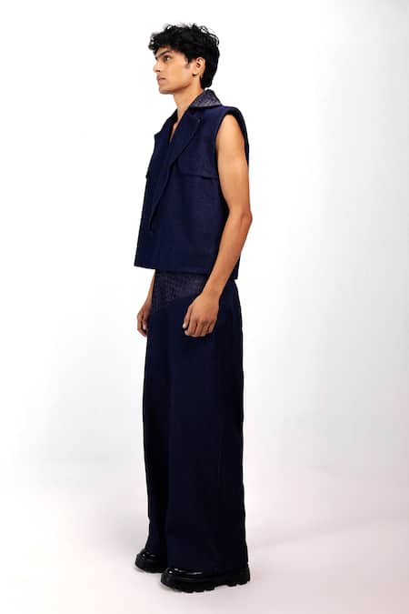 Shop_Siddhant Agrawal_Blue Denim, Satin Drift Jacket _Online_at_Aza_Fashions