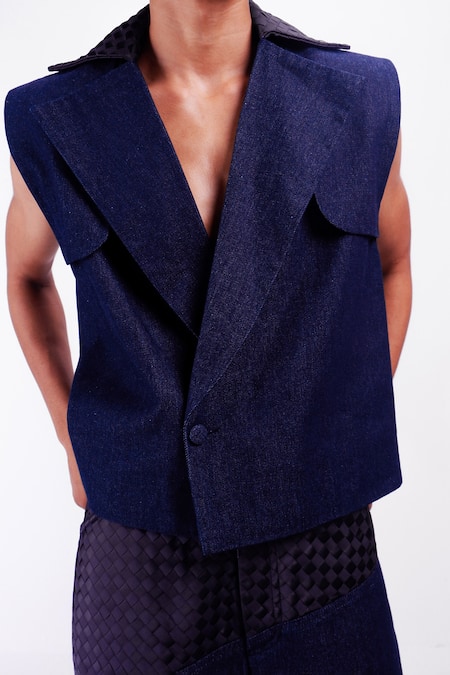 Siddhant Agrawal_Blue Denim, Satin Drift Jacket _at_Aza_Fashions