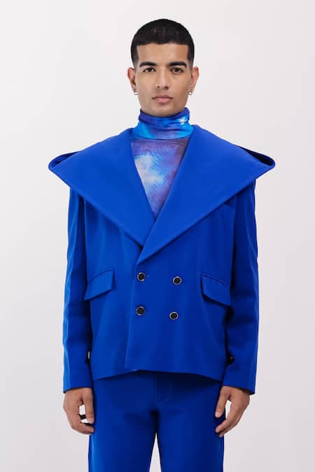 Siddhant Agrawal_Blue Applique Celestial Drift Hooded Blazer _at_Aza_Fashions