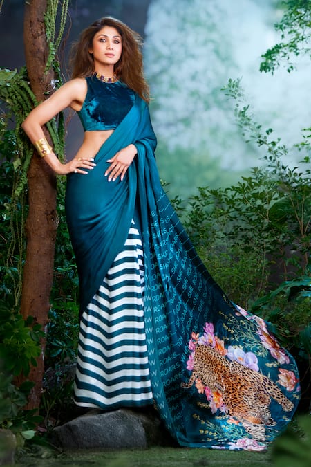 Aza X Shilpa Shetty Kundra Green Modal, Satin, Silk, N Printed Saree With Sheer Back Blouse