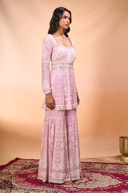 Alaya Advani_Pink Georgette Embroidery, Sequins Square Neck Floral Peplum Kurta Sharara Set _at_Aza_Fashions