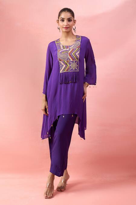 Shop_Alaya Advani_Purple Georgette Embroidery, Tassels, Mirrors, Beads High-low Kurta And Pant Set 