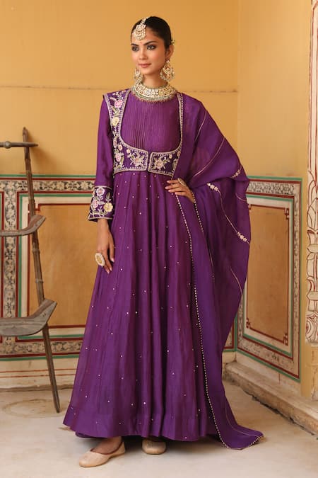 Amoree india Purple Silk Embroidery, Zari Round Neck Kashni Anarkali Set 