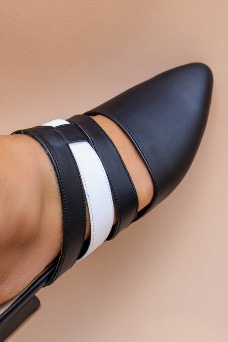 Shradha Hedau Footwear Couture_Black Ethel Two-tone Strappy Vegan Leather Mules _at_Aza_Fashions
