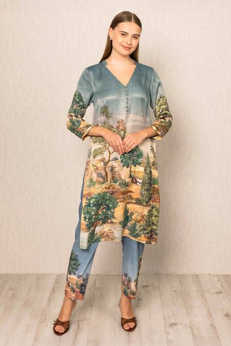 RANNA GILL Blue Polyester Split V-neck Bern Jungle Pattern Tunic Set 