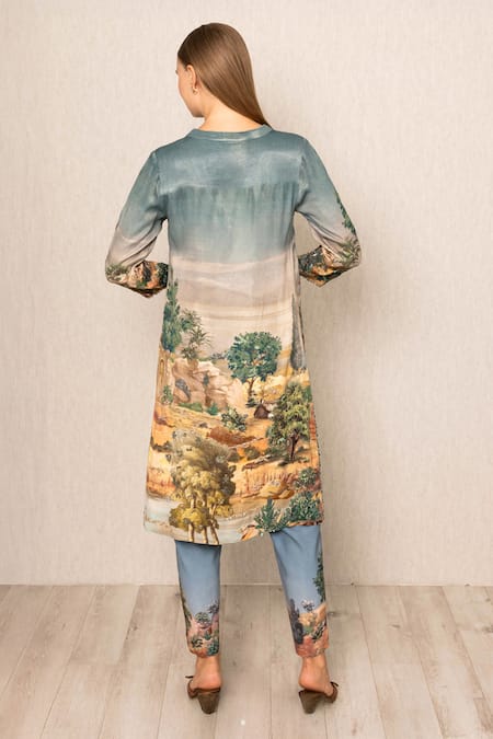 Shop RANNA GILL Blue Polyester Split V-neck Bern Jungle Pattern Tunic Set at Aza Fashions Shop_RANNA GILL_Blue Polyester Split V-neck Bern Jungle Pattern Tunic Set_at_Aza_Fashions