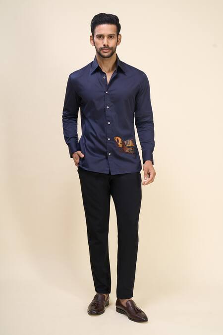 Shop_Rohit Bal_Blue Poplin Embroidery Horse Placement Shirt _Online_at_Aza_Fashions