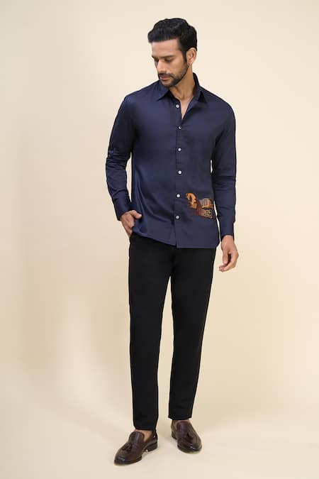 Rohit Bal_Blue Poplin Embroidery Horse Placement Shirt _at_Aza_Fashions