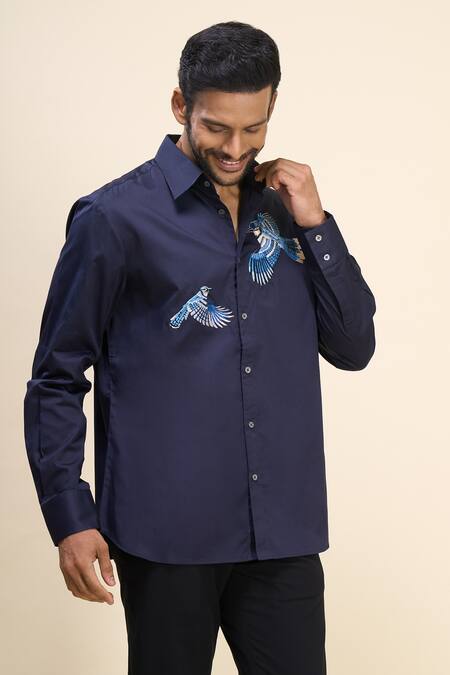 Rohit Bal_Blue Poplin Embroidery Birds Placement Shirt _Online_at_Aza_Fashions
