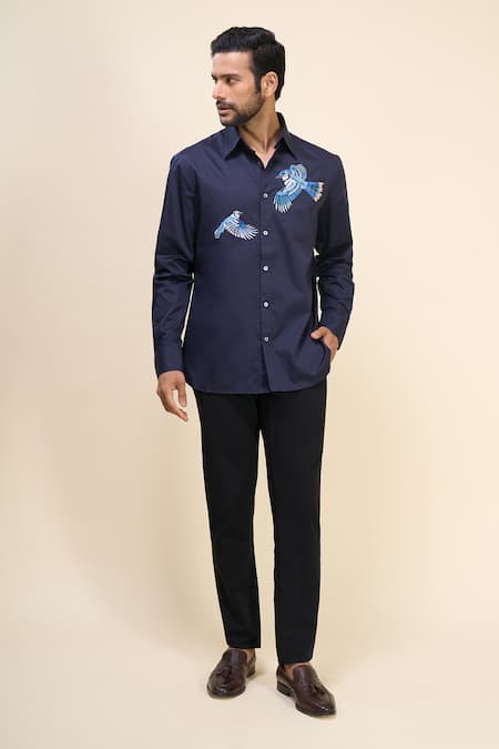 Buy_Rohit Bal_Blue Poplin Embroidery Birds Placement Shirt _Online_at_Aza_Fashions