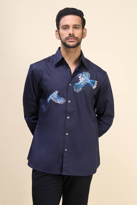 Rohit Bal_Blue Poplin Embroidery Birds Placement Shirt _at_Aza_Fashions
