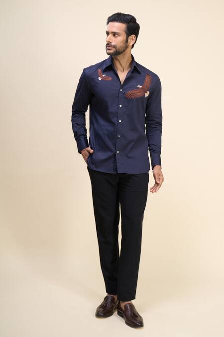 Rohit Bal Blue Poplin Embroidery Bird Placement Shirt Online at Aza Fashions Rohit Bal_Blue Poplin Embroidery Bird Placement Shirt _Online_at_Aza_Fashions