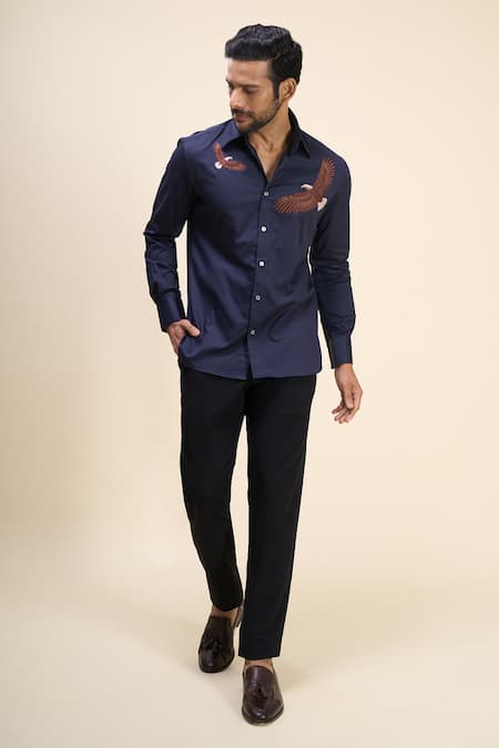 Buy Rohit Bal Blue Poplin Embroidery Bird Placement Shirt Online at Aza Fashions Buy_Rohit Bal_Blue Poplin Embroidery Bird Placement Shirt _Online_at_Aza_Fashions