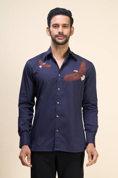 Shop Rohit Bal Blue Poplin Embroidery Bird Placement Shirt Online at Aza Fashions Shop_Rohit Bal_Blue Poplin Embroidery Bird Placement Shirt _Online_at_Aza_Fashions