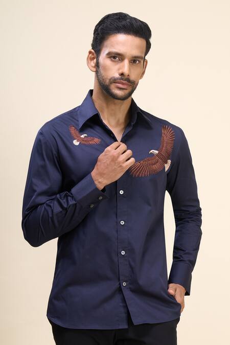 Rohit Bal Blue Poplin Embroidery Bird Placement Shirt at Aza Fashions Rohit Bal_Blue Poplin Embroidery Bird Placement Shirt _at_Aza_Fashions