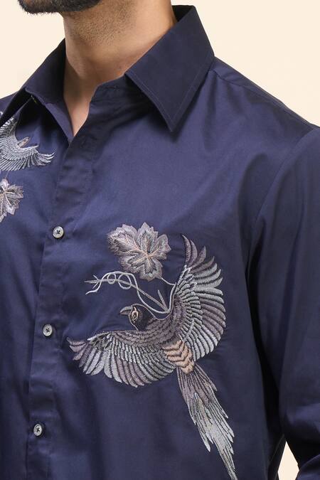 Rohit Bal_Blue Poplin Embroidery Placement Shirt _Online_at_Aza_Fashions