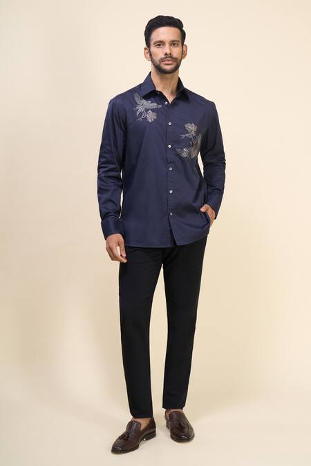 Rohit Bal_Blue Poplin Embroidery Placement Shirt _at_Aza_Fashions
