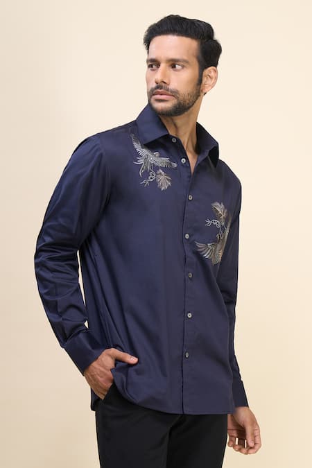 Buy_Rohit Bal_Blue Poplin Embroidery Placement Shirt 