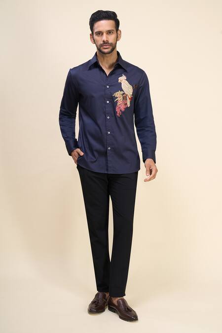 Rohit Bal_Blue Poplin Embroidery Bird Shirt _Online_at_Aza_Fashions