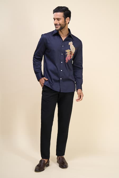 Buy_Rohit Bal_Blue Poplin Embroidery Bird Shirt _Online_at_Aza_Fashions