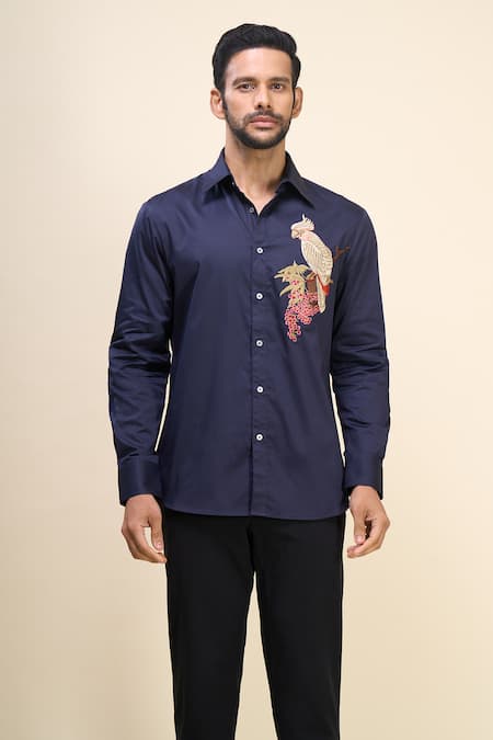 Rohit Bal_Blue Poplin Embroidery Bird Shirt _at_Aza_Fashions