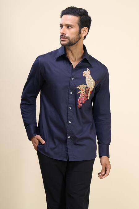 Buy_Rohit Bal_Blue Poplin Embroidery Bird Shirt 