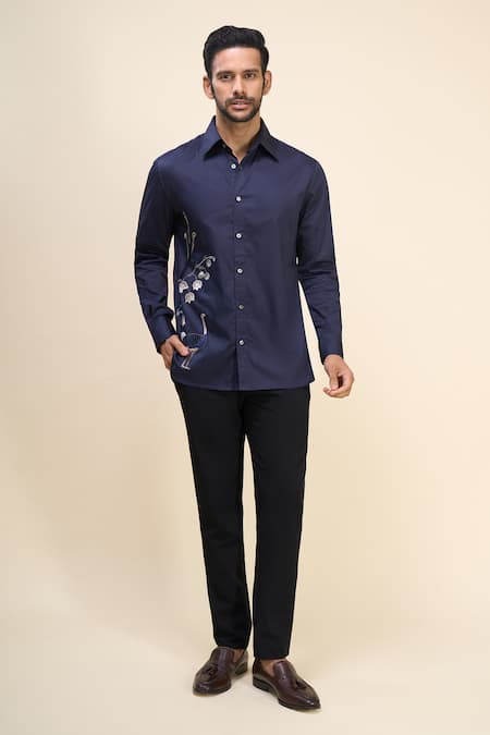 Rohit Bal_Blue Poplin Embroidery Floral Placement Shirt _Online_at_Aza_Fashions