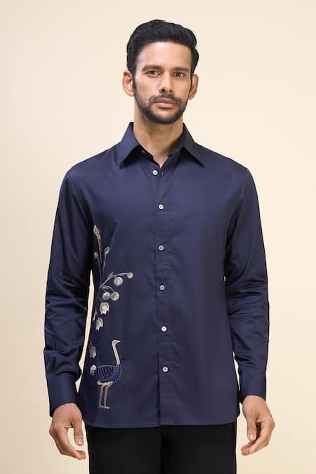 Rohit Bal_Blue Poplin Embroidery Floral Placement Shirt _at_Aza_Fashions