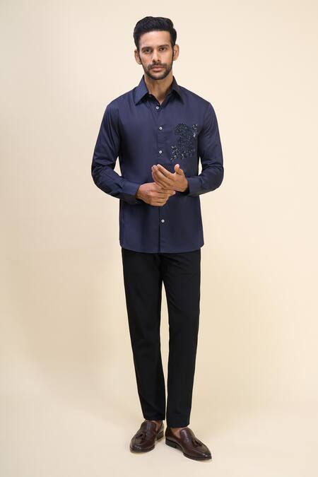 Rohit Bal_Navy Poplin Sequins, Embroidery Placement Shirt _Online_at_Aza_Fashions