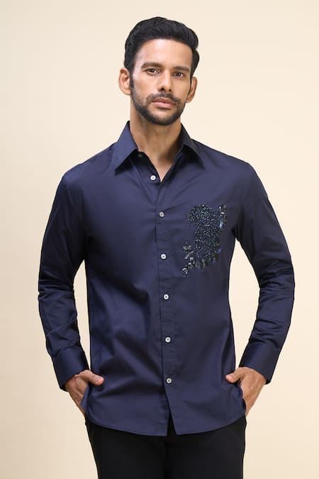 Buy_Rohit Bal_Navy Poplin Sequins, Embroidery Placement Shirt _Online_at_Aza_Fashions