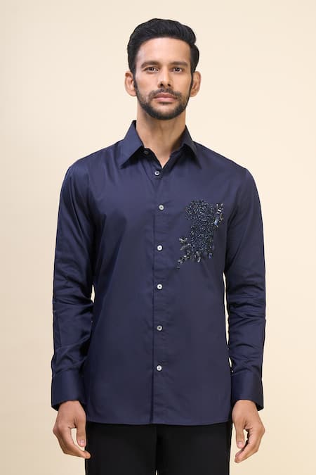 Shop_Rohit Bal_Navy Poplin Sequins, Embroidery Placement Shirt _Online_at_Aza_Fashions