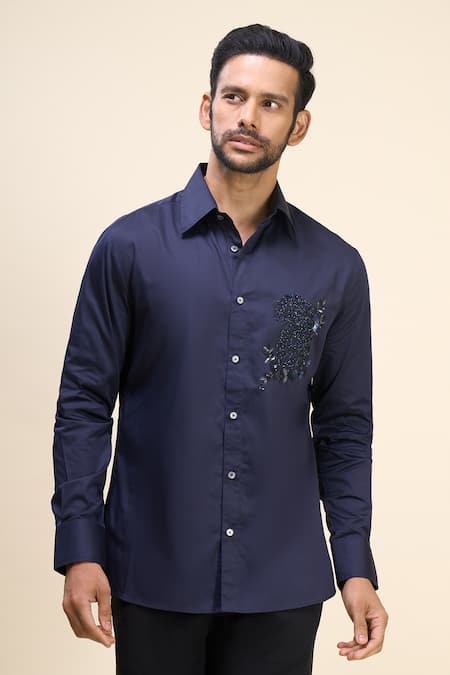 Rohit Bal_Navy Poplin Sequins, Embroidery Placement Shirt _at_Aza_Fashions