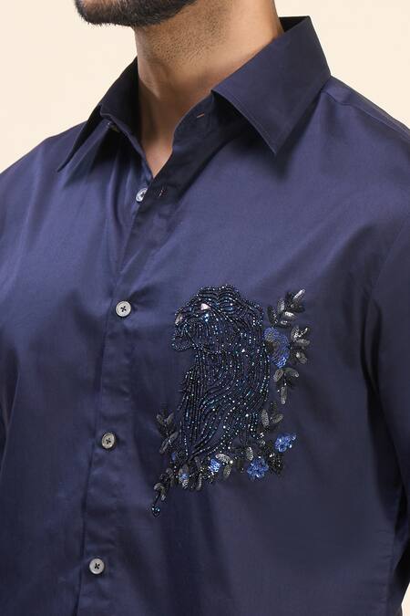 Buy_Rohit Bal_Navy Poplin Sequins, Embroidery Placement Shirt 