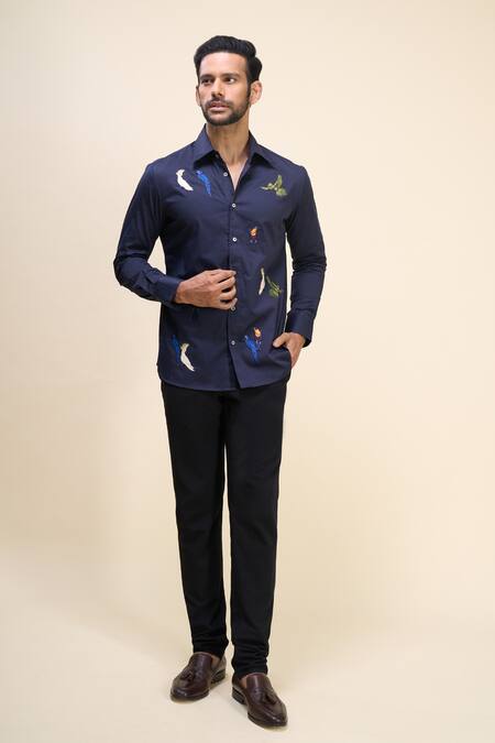 Buy_Rohit Bal_Navy Poplin Embroidery Parrot Shirt _Online_at_Aza_Fashions