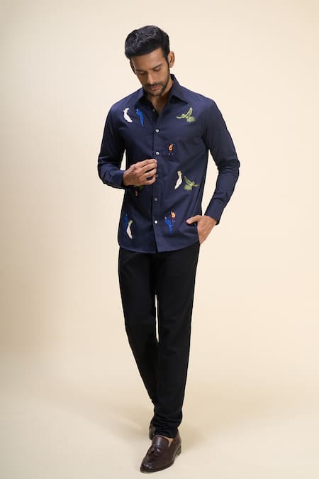 Shop_Rohit Bal_Navy Poplin Embroidery Parrot Shirt _Online_at_Aza_Fashions