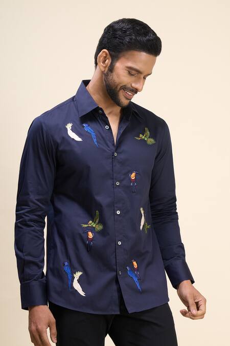 Rohit Bal_Navy Poplin Embroidery Parrot Shirt _at_Aza_Fashions