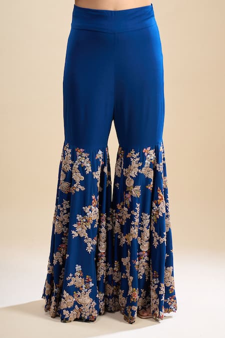 Buy_Anamika Khanna_Blue Embroidery Sharara Set With Unstitched Blouse Piece _Online_at_Aza_Fashions