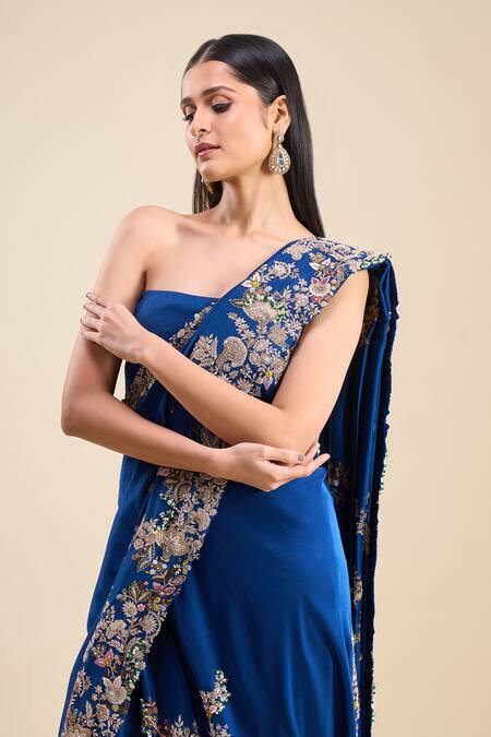 Anamika Khanna_Blue Embroidery Sharara Set With Unstitched Blouse Piece _at_Aza_Fashions