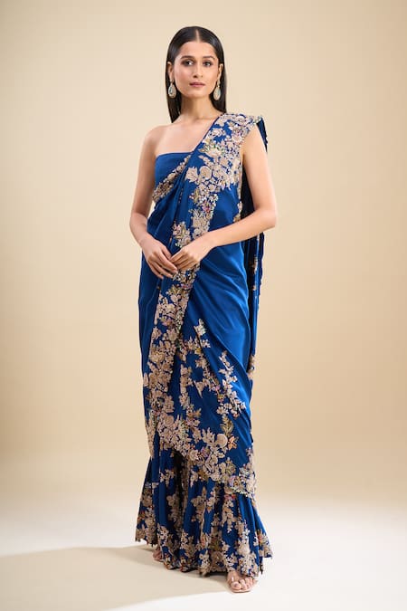 Buy_Anamika Khanna_Blue Embroidery Sharara Set With Unstitched Blouse Piece 