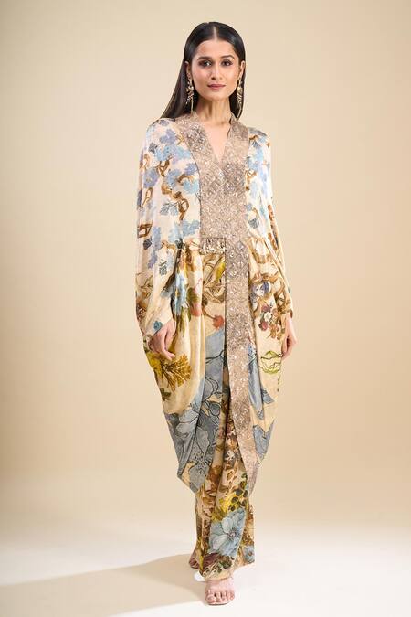 Anamika Khanna Multi Color V-neck Printed Cape Kurta And Pant Set Online at Aza Fashions Anamika Khanna_Multi Color V-neck Printed Cape Kurta And Pant Set_Online_at_Aza_Fashions