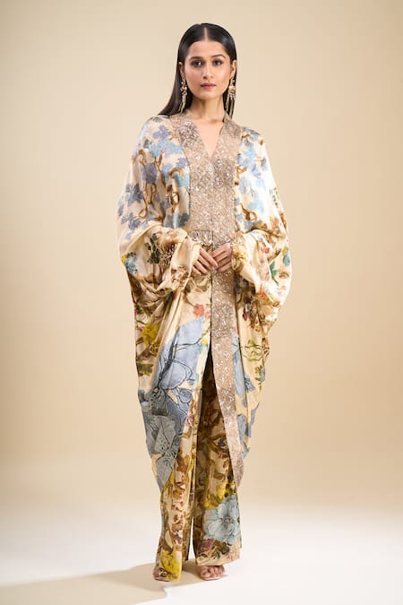 Anamika Khanna Multi Color V-neck Printed Cape Kurta And Pant Set