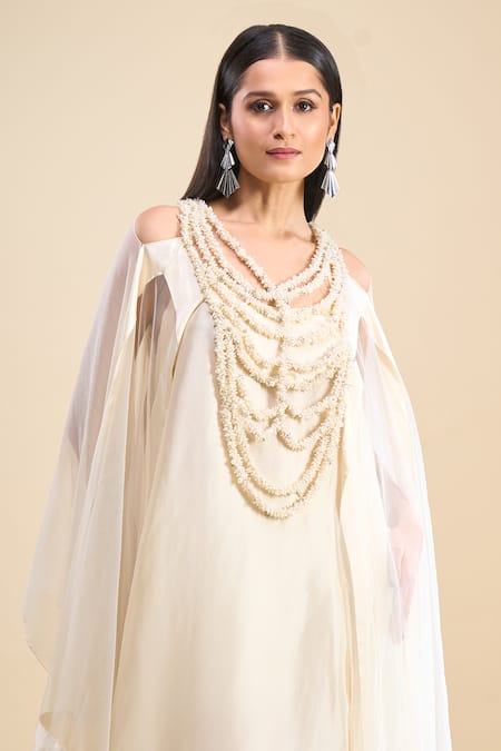 Anamika Khanna_Ivory Beads, Embroidery Scoop Neck Dress _Online_at_Aza_Fashions