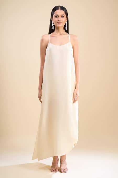 Shop_Anamika Khanna_Ivory Beads, Embroidery Scoop Neck Dress _Online_at_Aza_Fashions