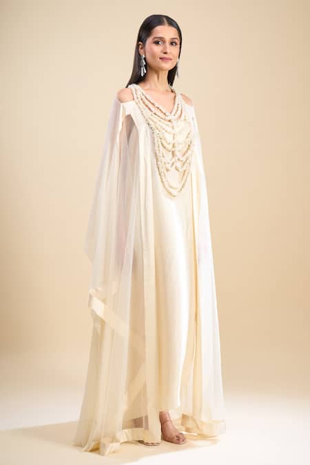 Anamika Khanna_Ivory Beads, Embroidery Scoop Neck Dress _at_Aza_Fashions