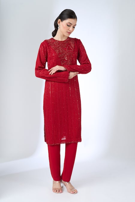 Ritika Mirchandani Red Crepe, Georgette Crystals, Embroidery, Metallic Pompei Kurta With Pant 